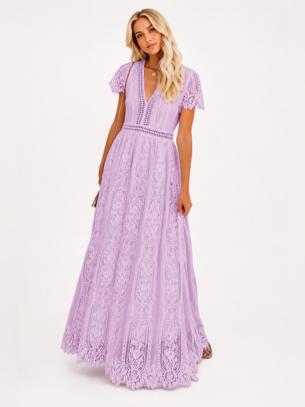 Lace Maxi Dress with V-Neck in Lilac